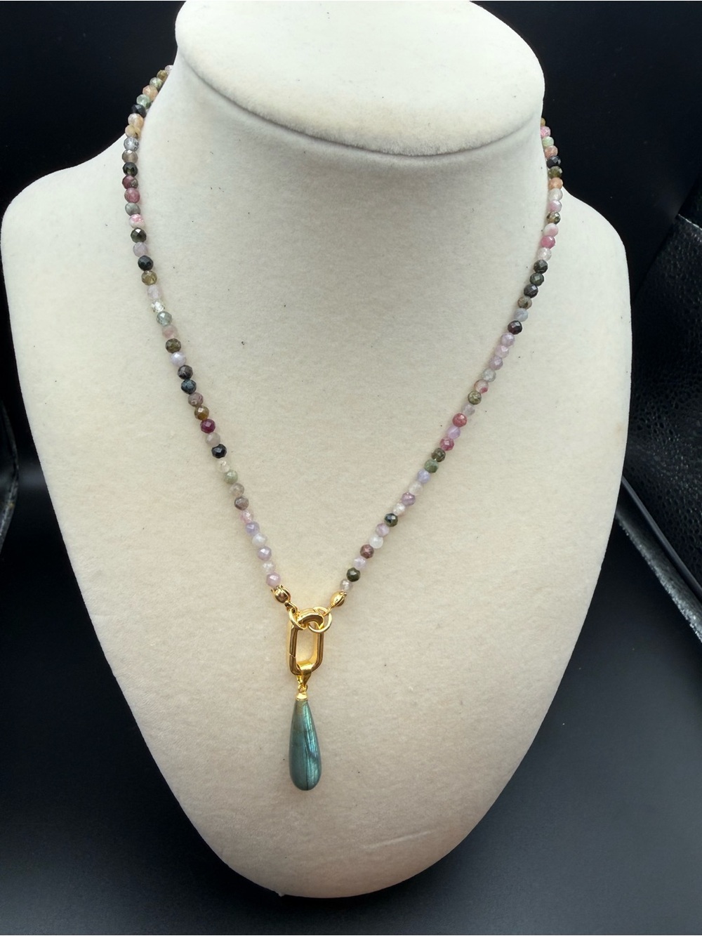 Multicolor Tourmaline Bead Necklace with Gold Drop and Labradorite Teardrop